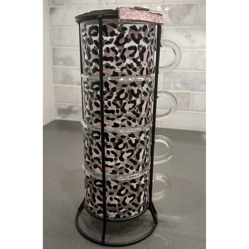 NEW Set of 4 Sheffield Home Coffee Mugs Cups Stackable W/ Wire Rack Pink Leapord